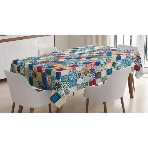 Moroccan Eastern Pattern with Grid Style Patchwork Ornament Tiles Design Asian Dining Room Kitchen Rectangular Table Cover