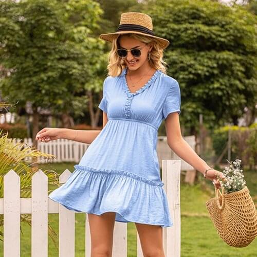 2021 New Women V Neck Folds Ruffles Mini Dress Summer Lady Casual Soild Short Sleeve Office Vacation Sundress Female Vestidos