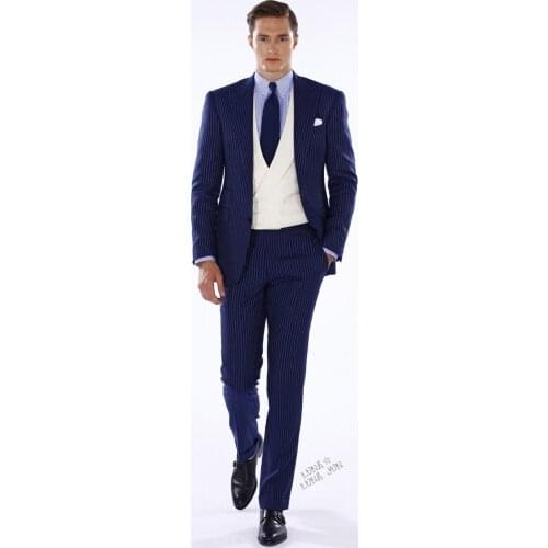 Latest Coat Pant Designs Navy Blue Vertical Stripes Men Prom Suit Double Breasted Slim Fit 3 Piece Tuxedo Custom Blazer Terno C5