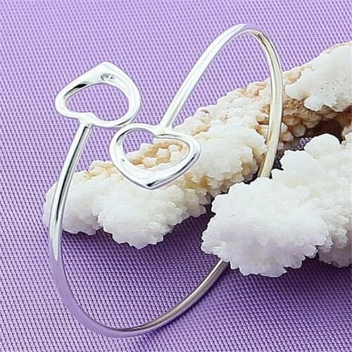 New 925 Sliver Color Heart To Heart Cuff Bracelet Bangle Fashion Jewelry For Female Trendy Wedding Engagement Birthday Gift