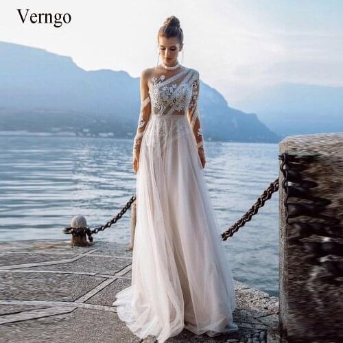 Verngo Beach Boho Wedding Dress For Bridal Lace Applique Long Sleeves A Line Rustic Bride Gowns Chic Elegant Robe de mariee 2021
