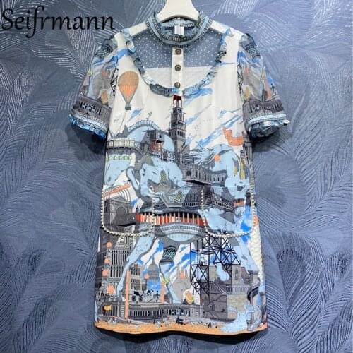 Seifrmann New 2021 Summer Women Fashion Runway Party Mini Dress Short Sleeve Gorgeous Ruffles Vintage Printed Dresses Vestidos