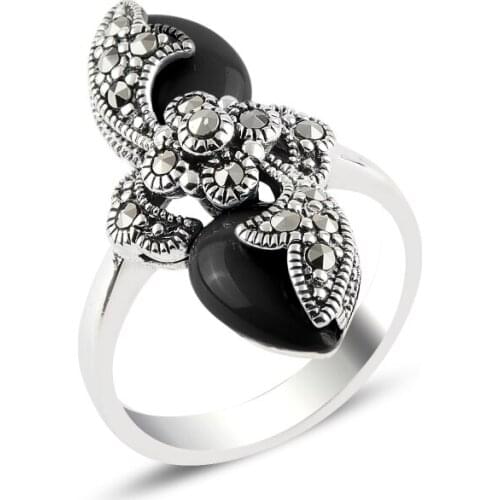 Silver 925 Sterling Onyx & Marcasite Ring
