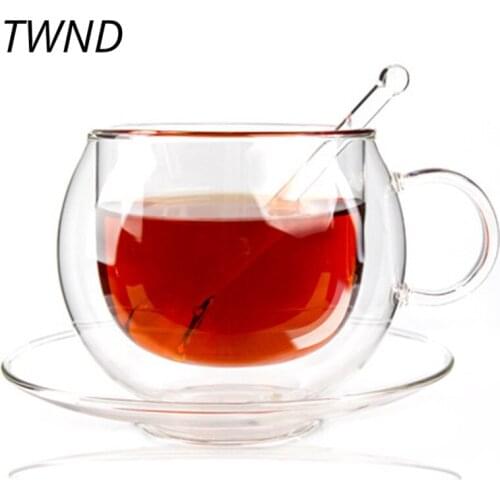 220CC Double Wall Glass Coffee Mugs With Tray Spoon Sets Creative Simple Tea Milk Cups High Borosilicate Drinkware