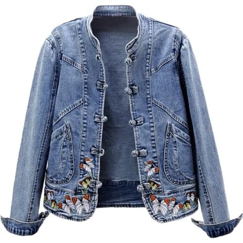 Vintage Ladies Jeans Jacket 2021Spring Autumn Embroidered Stretch Denim Jacket Fashion Stand collar Womens Short Coat Tops