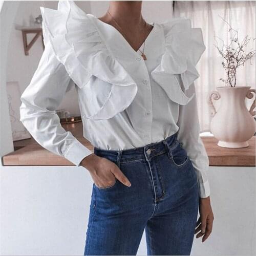 Women Button-down Shirt Office Lady Solid Color Flare Sleeve V-neck Ruffle Cardigan for Female White/Yellow