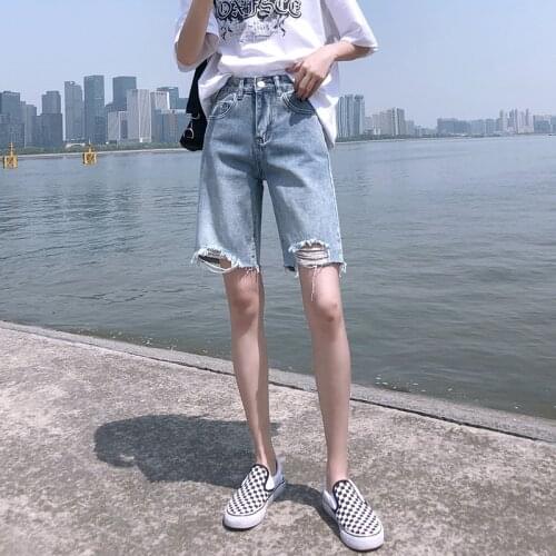 2021 Summer Women Denim Shorts Fashion Ripped Hole High Waist Jeans Shorts Female Straight Capris Short Pants Ladies