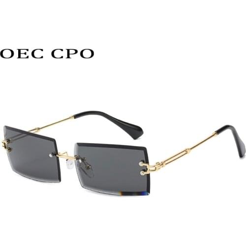 OEC CPO Rimless Sunglasses Women Small Rectangle Sun glasses For Ladies Brand Fashion Style Female uv400 Black Gray Pink O636
