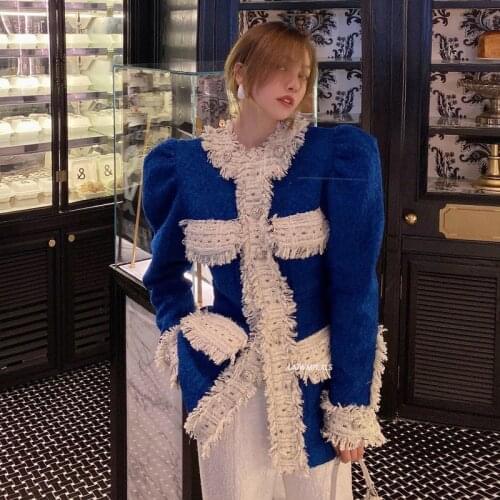 Elegant 2021 New French Style Vintage Puff long sleeve Tweed jacket women O-neck Slim Single breasted tassel Stitching outerwear
