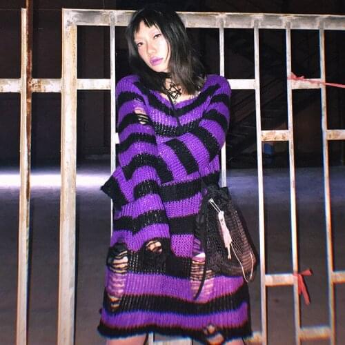 New Women Sweater Gothic Pink Striped Knitted Sweater Jumper Loose Hollow Out Female Long Pullover Harajuku Chic Streetwear Tops