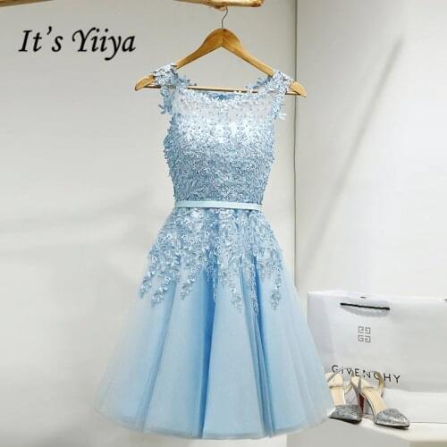 Its YiiYa Prom Dress Embroidery Beading Illusion Short Wedding Formal Dresses Appliques Flowers Knee Length Party Gown LX073-1
