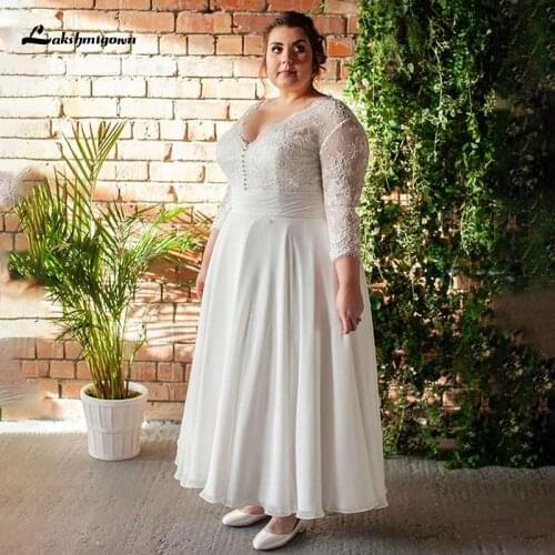Lakshmigown Plus Size Wedding Dress V Neck 3/4 Long Sleeves Fashion Chiffon White Wedding Gowns Robe De Mariee Vestido De Noiva
