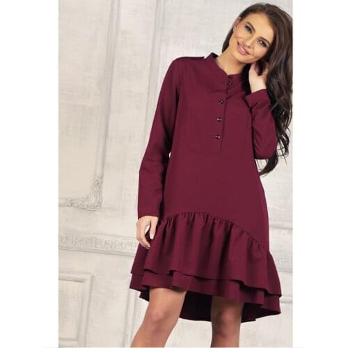 Women Vintage Ruffled Front Button A-line Dress Long Sleeve Stand Collar Solid Elegant Party Dress 2019 Autumn New Fashion Dress
