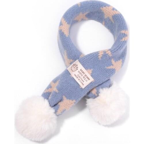 Toddler Kids Children Winter Warm Scarf Cute Star Dots Print Knit Scarf Neck Warmer with Faux Fur Pom Pom