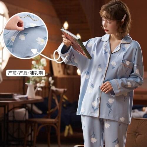 100% Thin Cotton Maternity Nursing Sleepwear Cute Lace Patchwork Feeding Pajamas for Pregnant Women Lovely Pregnancy Nightwear