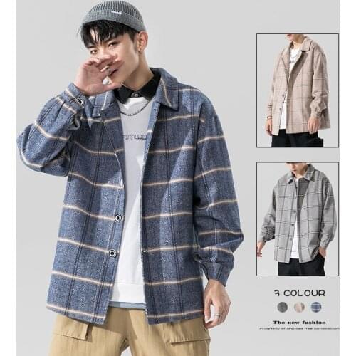 2020 Mens Fashion Woolen Blends Streetwear Bomber Jackets Long Seelves Coats Lattice Printing Outerwear Big Size M-5XL