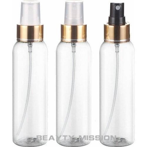 BEAUTY MISSION 120ML X 36 Clear Round Plastic Bottle With Gold Spray Pump, Empty Cosmetic Container, Perfume Packaging Bottle