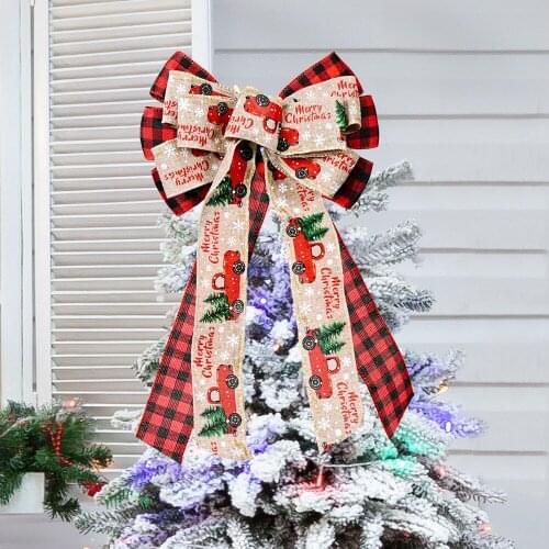 Large Red Car Linen Plaid Christmas Ribbon Bow Christmas Tree Decoration Handmade New Year 2022 Party Wedding Decor Ornament