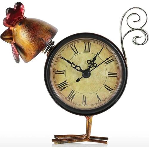 Art Desk Clock Handmade Vintage Metal Cock Figurine Clock Decorative Table Animal Ornament for Home Office 5.9*2*5.9inch LBS