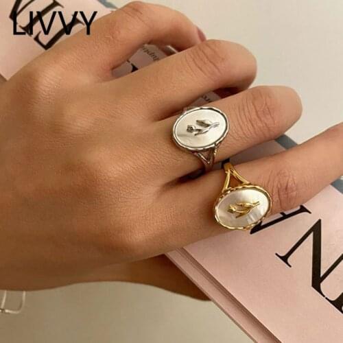 LIVVY Silver Color Tulip Oval Fashion Shell Flower Ring For Women Girls Temperament High Quality Party Finger Jewelry Gift