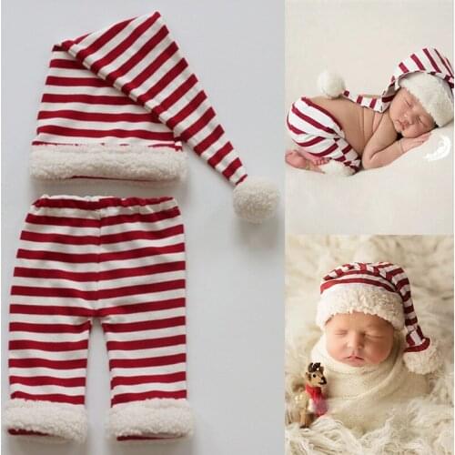 2Pcs Newborn Photography Props Costume Baby Stripe Crochet Christmas Hat+Shorts Set Infants Photo Shooting Christmas Outfits