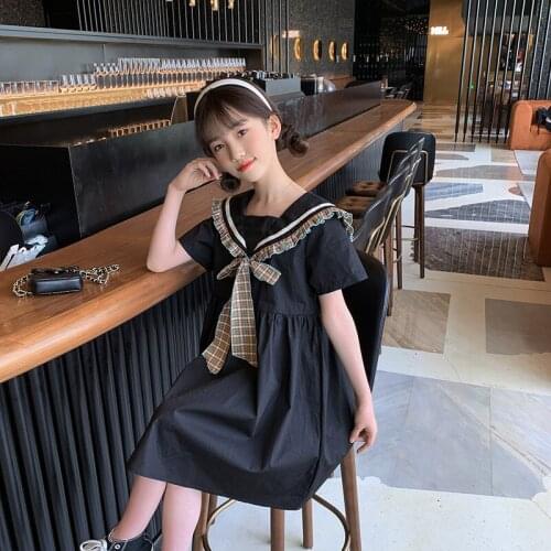 Girls Summer Dress 2021 New Children Clothing College Middle School Princess Black Dresses With Bow Tie