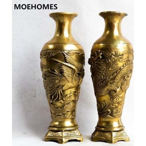 MOEHOMES+pair of Chinese Vintage Brass fengshui dragon phoenix Vase vintage home decor metal handicraft