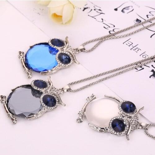 Hot Sale High Quality Vintage Owl Pendant Necklaces Zinc Alloy Crystal Trendy Jewelry Long Popcorn Chain Necklace for Women Gift