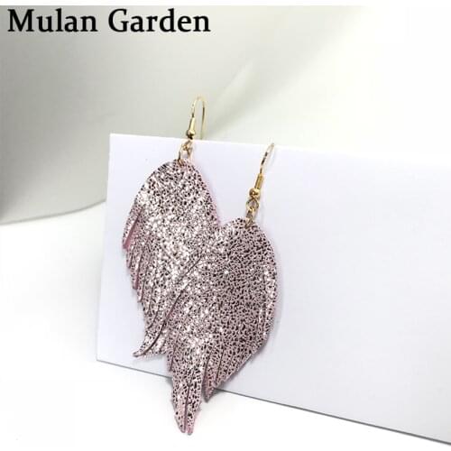 M&G Glitter Trendy Feather Genuine Leather Tassel Earrings Shiny Pendant Dangle Earrings Fashion Elegant Jewelry Gift Wholesale