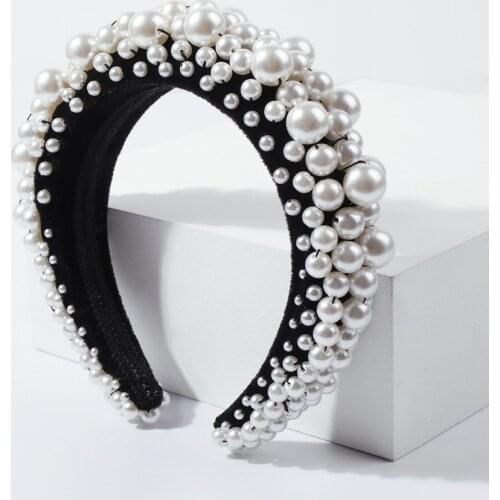New Elegant Ins Super Quality Fashion White Pearl Headband Wide Cross Black Velvet Fabric Hairband for Women Hair Accessories