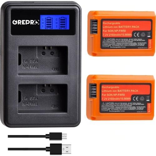 2Pcs 2160mAh NP-FW50 NP FW50 Orange Camera Battery + LCD Dual USB Charger for Sony Alpha a6500 a6300 a6000 a5000 a3000 NEX-3 a7R