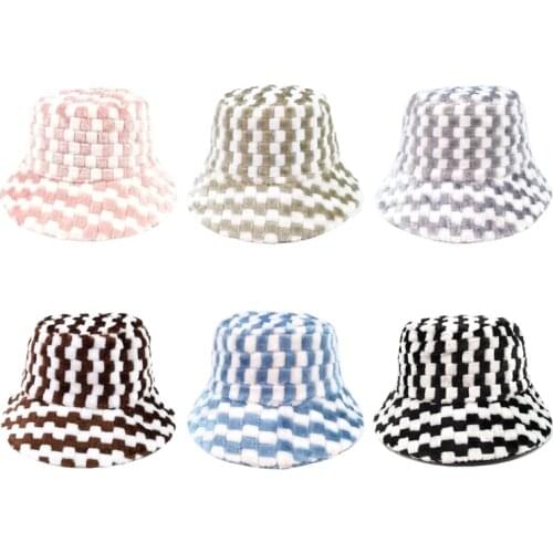 Bucket Hat with Plaid Pattern in Fur Made Fisherman Cap Winter Autumn Outdoor Panama for Men Women with Flat Top