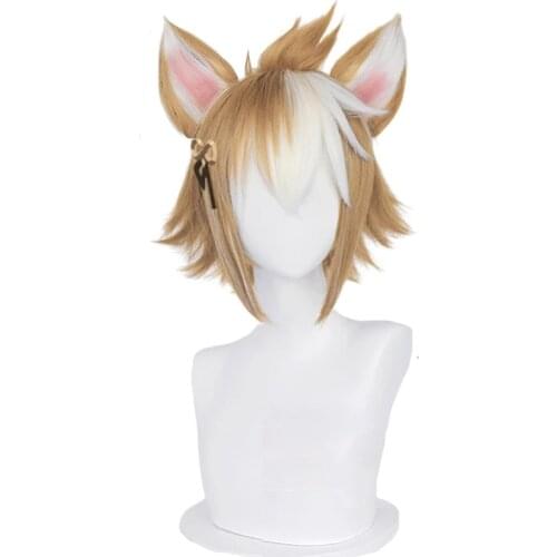 Gorou Cosplay Wig Game Genshin Impact Gorou Short Brown White Heat Resistant Synthetic Hair Game Anime Wigs With Ears + Wig Cap