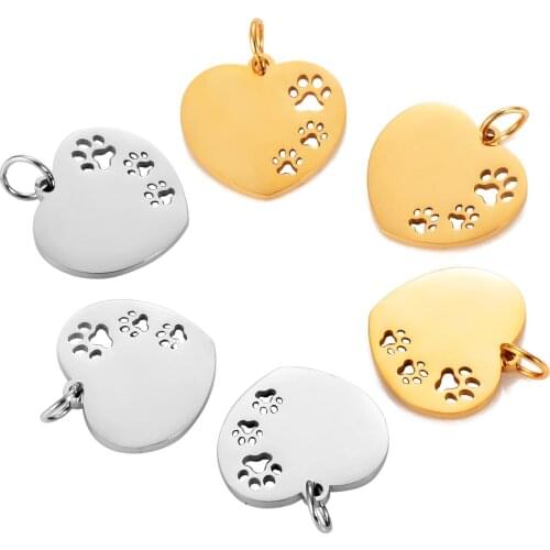 5Pcs Stainless Steel Hollow Pet Dog Paw Mirror Polished Heart Charms Connector DIY For Jewelry Making Findings Wholesale