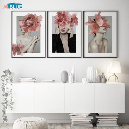 Pink Flowers Sexy Women Beauty Portrait Home Decoration Nordic Posters Wall Art Pictures Canvas Prints Paintings For Living Room