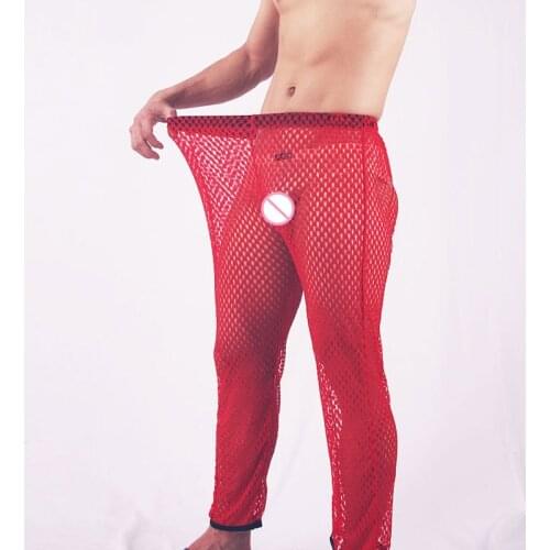 Sexy Men Mesh Sheer Lounge Pants Sexy Long Pants Hollow Out Casual Trousers Soft Sleep Bottom Wear Homewear Pants Plus Size F27