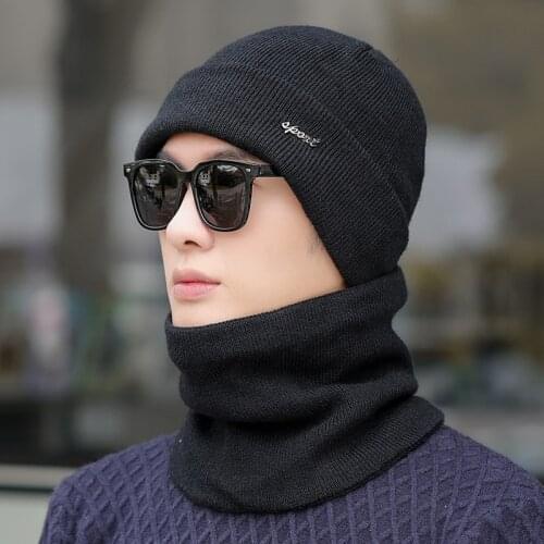 COKK Winter Hats For Men Women Unisex Knitted Beanie Scarf Bib Ear Protection Thick Warm With Velvet Solid Color Bonnet Outdoor