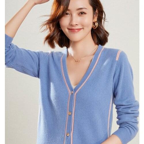 Color-Blocking Wool Knitted Cardigan Womens Jacket 2021 Spring Autumn New V-Neck College Style Light Soft Loose Short Sweater