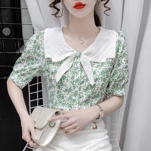 2021 New Summer Doll Collar Bowknot French Sweet Top Puff Sleeve Design Floral Chiffon Shirt