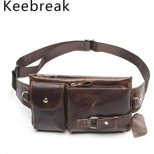 Vintage Genuine Leather Mens Bags Multifunction Fanny Packs Black Chest Bag Men Waist Square Buckle Male Small Sling Belt Bag