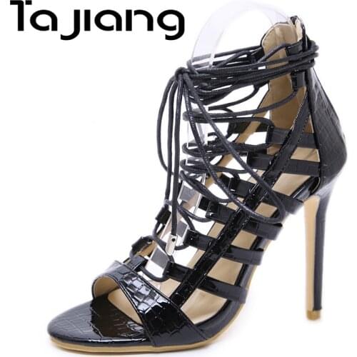Ta Jiang New Peep Toe Women High Heels Summer Gladiator Sandals Classic Narrow Band Ladies Dress Thick Heels Shoes Woman