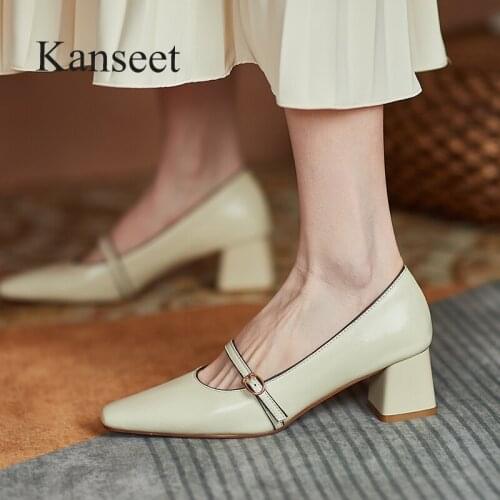 Kanseet Women Shoes Pumps Square Toe Thick Heels Spring Autumn Ladies Mid Heels Party Shoes 2021 apricot beige Female Footwear