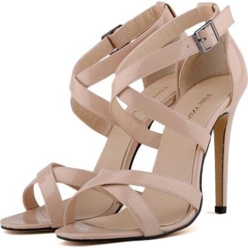 LOSLANDIFEN New Fashion Women Thin Heels Pumps Open Toe Ankle Straps High Shoes Summer Patent Leather