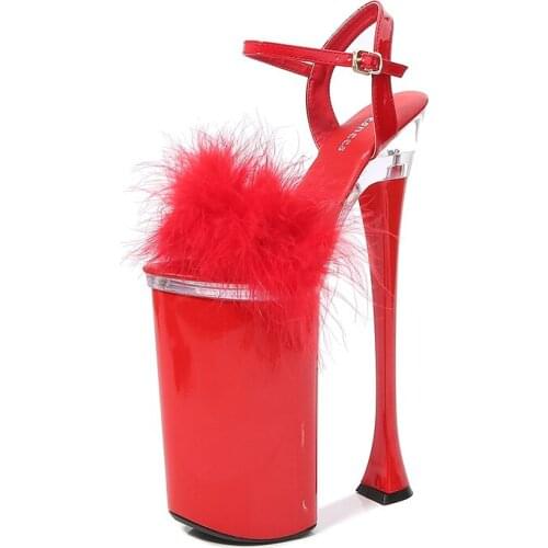 Mclubgirl Rabbit Fur High Heel Platform Shoes Nightclub Heels 26cm Sandals Dwarf Catwalk Pole Dance Shoes LFD