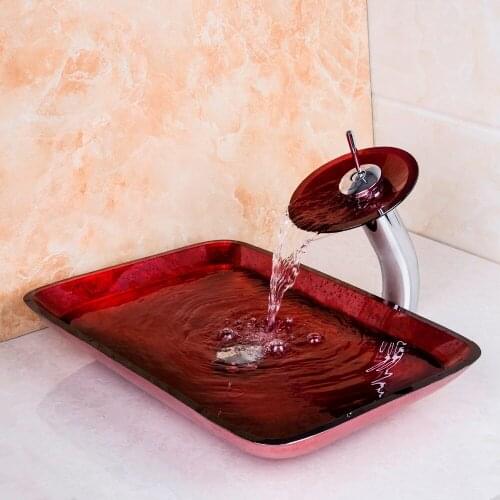 OUBONI Waterfall Bathroom Rectangular Glass Basin Sink Red Washbasin Glass Hand-Painted Lavatory Glass Faucet Set Mixers Tap