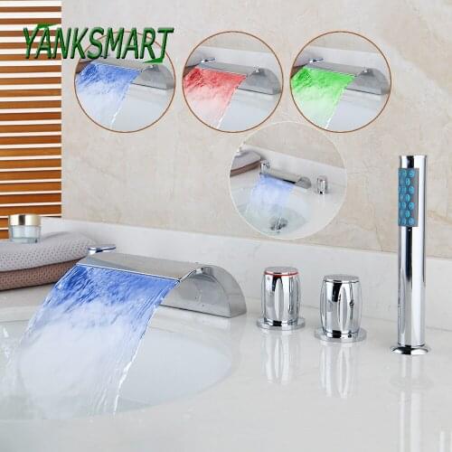 YANKSMART Luxury LED Light Chrome Polished Bathroom Bathtub Basin Sink 5 Pcs Set Faucet Deck Mounted Waterfall Spout Mixer Tap