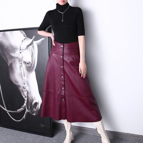 RYS1346 Women Maxi Skirt Femme Genuine Leather Side Pocket Buttons A-line Long Jupe Stylish Garment Wine Red Faldas Largas Mujer