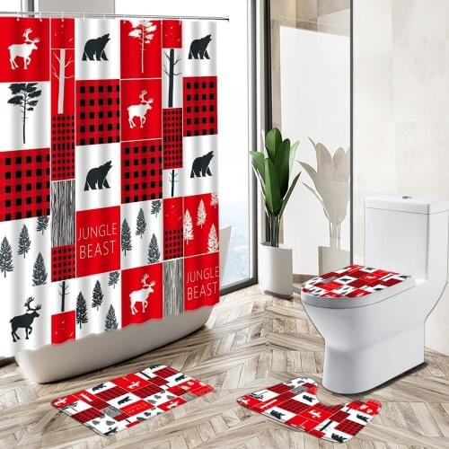 Elk Bear Tree Shower Curtain Christmas Themed Bathroom Set Black White Red Striped Check Non-Slip Carpet Toilet Cover Floor Mat