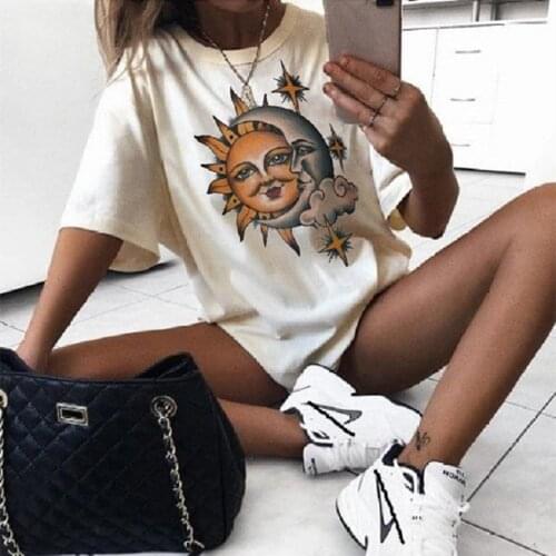 2021 Women Clothing Trendy O-Neck Casual Large Size 3XL Short Sleeve Top Graphic T Shirts Sun and Moon Printed T Shirt for Women