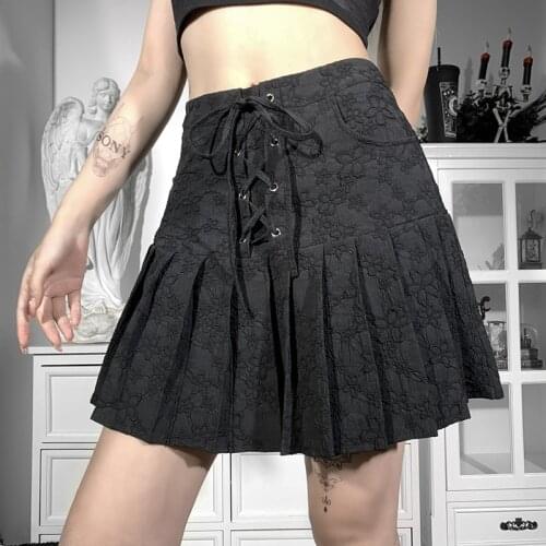 Womens Fashion Black Gothic Pleated Mini Skirt Jacquard Lace-Up Front High Waist A-line Skate Skirt with Pockets Miniskirts